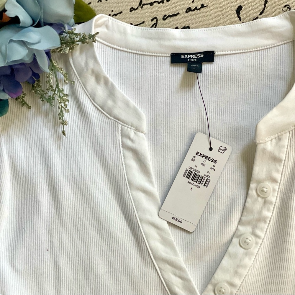 NWT Express Ribbed Puff Sleeve Button Front Henley Thong Bodysuit White Size L - Picture 7 of 8